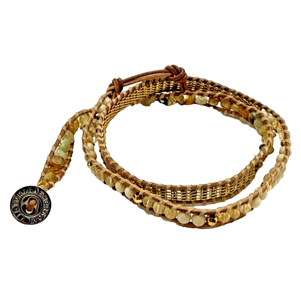 VICTORIA EMERSON Leather Wrap Bracelet Semi Precious Stone Bead Boho Signed 21"